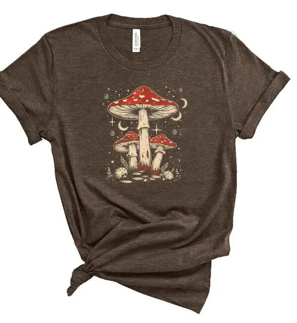 Boho Retro Mushrooms Graphic Tee Ocean and 7th Heather Brown S