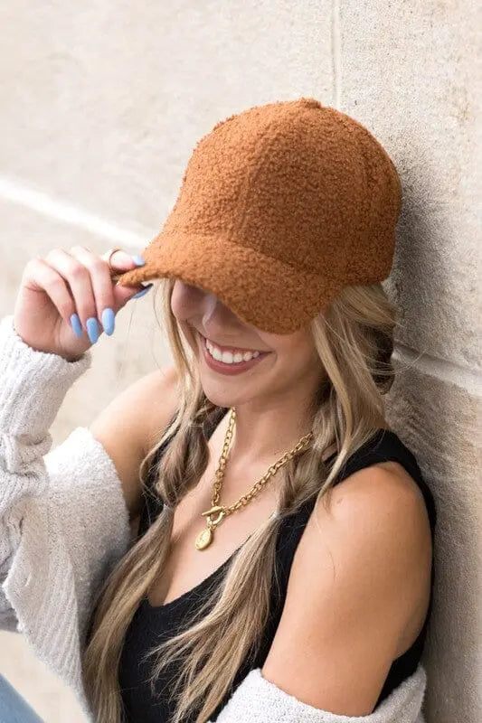 Boucle Sherpa Teddy Bear Knit Ball Cap Teddy bear knit baseball hat Poet Street Boutique Dark Camel OneSize