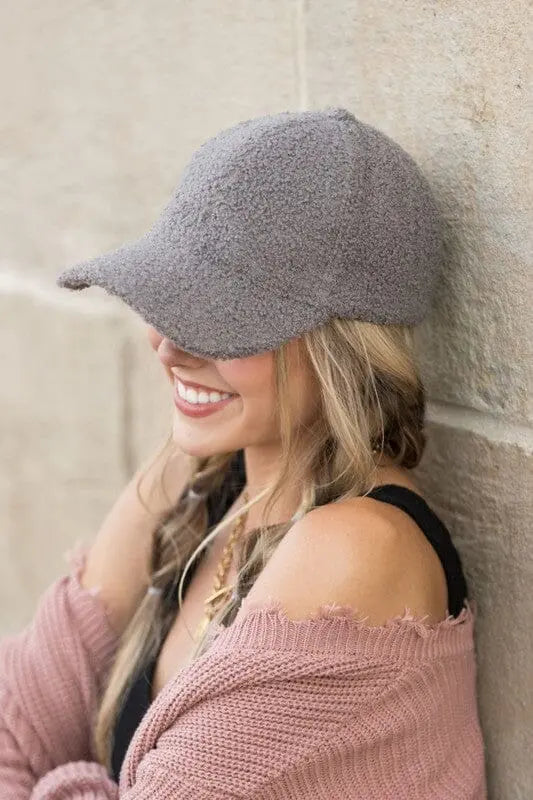 Boucle Sherpa Teddy Bear Knit Ball Cap Teddy bear knit baseball hat Poet Street Boutique Gray OneSize