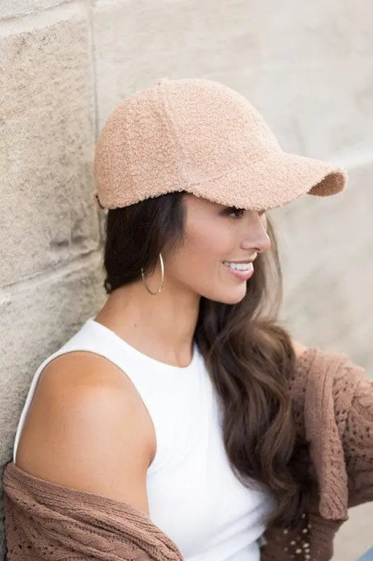 Boucle Sherpa Teddy Bear Knit Ball Cap Teddy bear knit baseball hat Poet Street Boutique Lt Camel OneSize