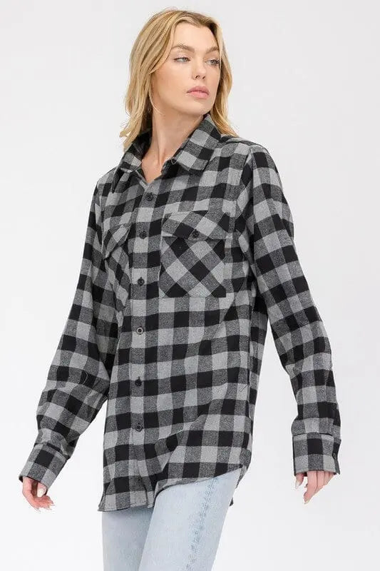 Boyfriend Fit Checker Plaid Flannel Long Sleeve WEIV