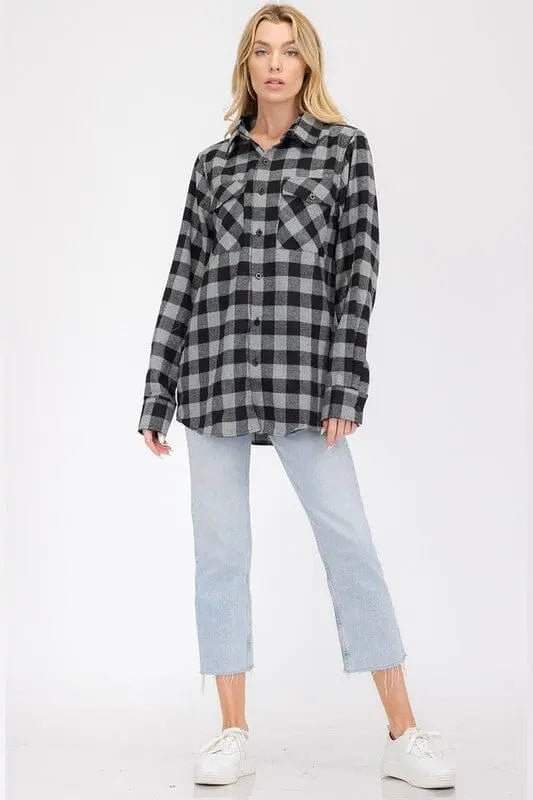 Boyfriend Fit Checker Plaid Flannel Long Sleeve WEIV