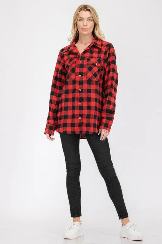 Boyfriend Fit Checker Plaid Flannel Long Sleeve WEIV BLACK GREY S