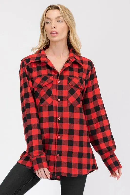 Boyfriend Fit Checker Plaid Flannel Long Sleeve WEIV BLACK RED S