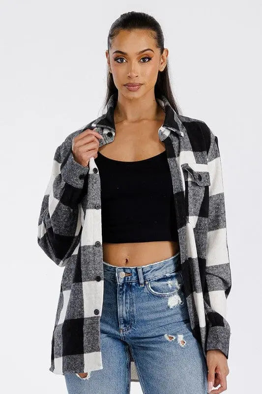 Boyfriend Oversized Soft Flannel Shacket WEIV BLACK WHITE 2XL
