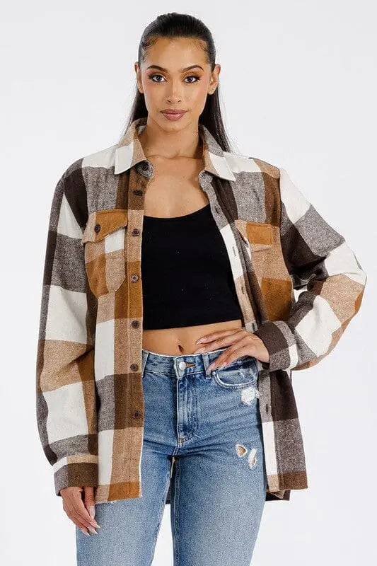Boyfriend Oversized Soft Flannel Shacket WEIV CAMEL WHITE 2XL