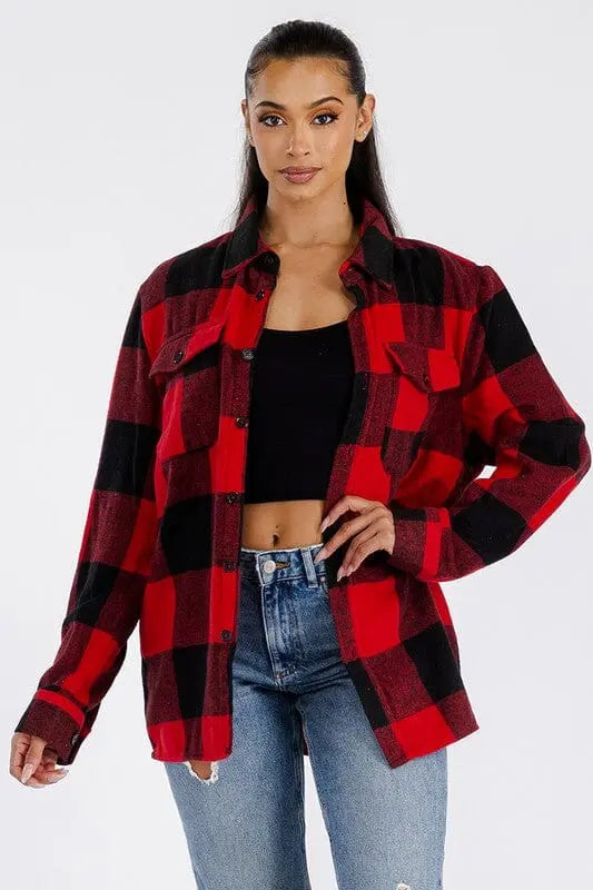 Boyfriend Oversized Soft Flannel Shacket WEIV RED BLACK 2XL
