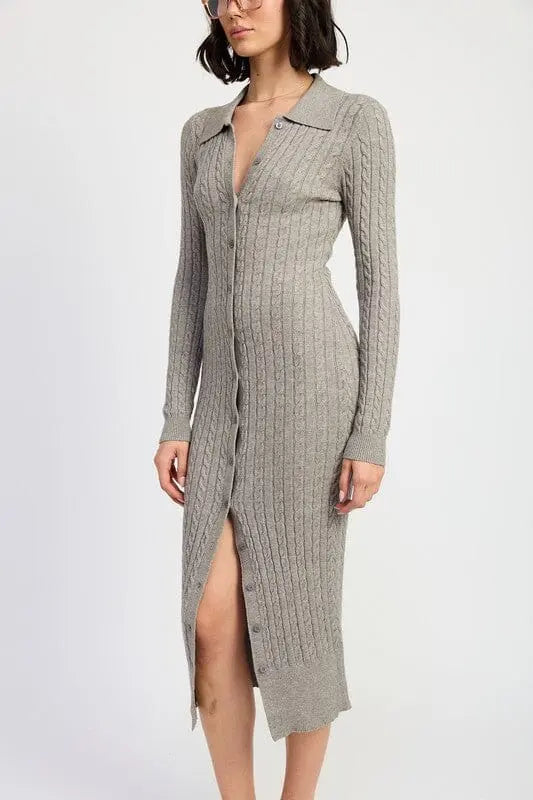 BUTTONED LONG SLEEVE CABLE KNIT DRESS Emory Park