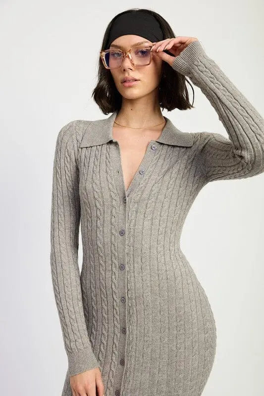 BUTTONED LONG SLEEVE CABLE KNIT DRESS Emory Park
