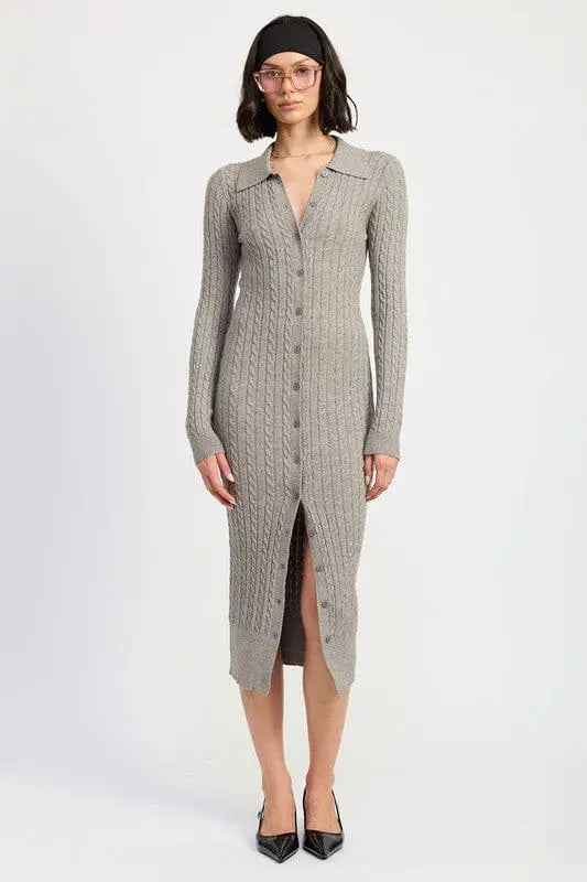 BUTTONED LONG SLEEVE CABLE KNIT DRESS Emory Park MED GREY S
