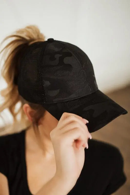 Camo Messy Bun Ponytail Hat camo messy bun bb hat Dani & Em Black 1