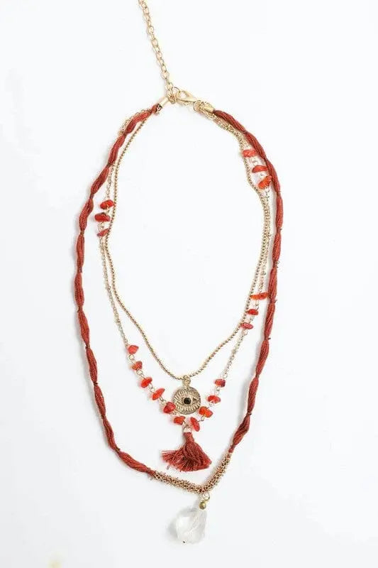 Carnelian & Crystal Drop Multi Layered Necklace layered crystal and bead necklace Poet Street Boutique