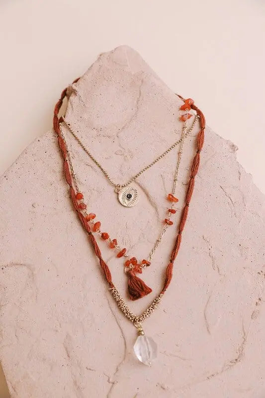 Carnelian & Crystal Drop Multi Layered Necklace layered crystal and bead necklace Poet Street Boutique Rust As Shown