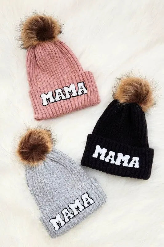 Chenille Mama Patch Faux Fur Pom Beanie Cap Mama winter hat Poet Street Boutique