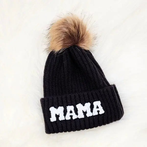 Chenille Mama Patch Faux Fur Pom Beanie Cap Mama winter hat Poet Street Boutique Black 1