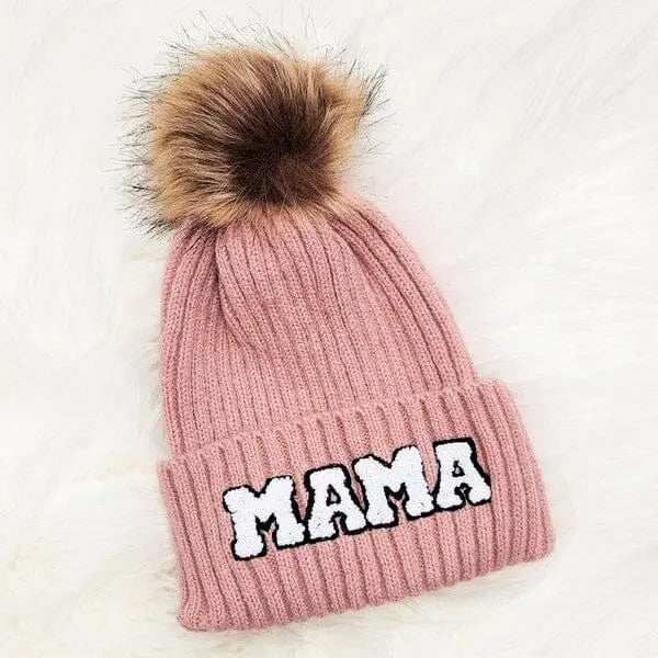 Chenille Mama Patch Faux Fur Pom Beanie Cap Mama winter hat Poet Street Boutique Blush 1