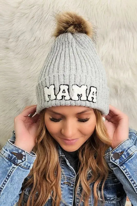 Chenille Mama Patch Faux Fur Pom Beanie Cap Mama winter hat Poet Street Boutique Gray 1