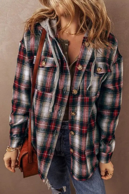 Chest Pocket Buttoned Hooded Shacket SHEWIN INC. RED SW854814-P322 S