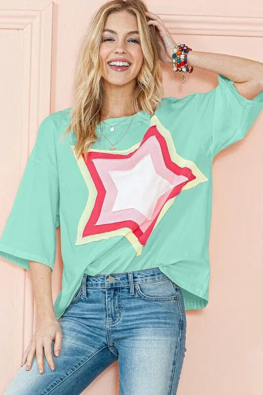 Colorblock Star Patched Half Sleeve Oversized Tee SHEWIN INC.
