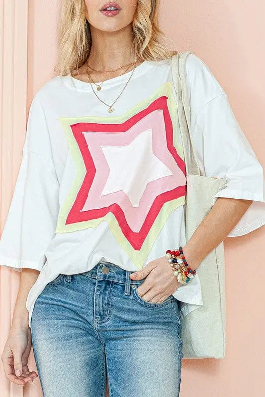 Colorblock Star Patched Half Sleeve Oversized Tee SHEWIN INC.