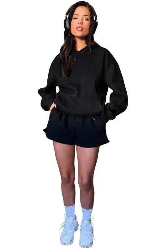 Comfy Two Piece Hoodie and Short Set Jeresy fleece Hoodie and short set Poet Street Boutique BLACK L
