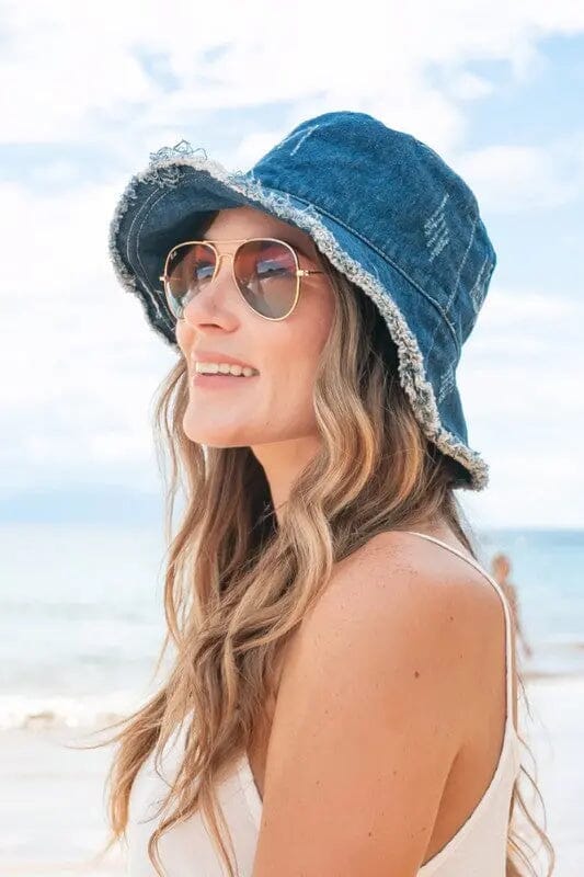 Denim Bucket Hat Distressed bucket hat Poet Street Boutique Dark Wash OneSize