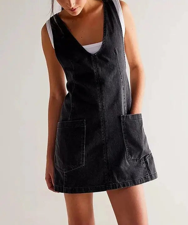 Denim scoop neck overall dress Miss Sparkling Black S
