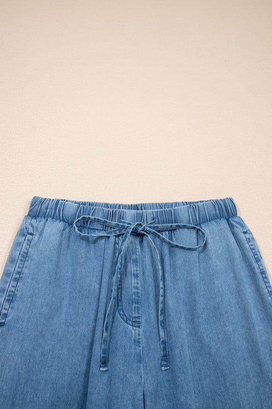 Denim Chambray Ruffle Hem Wide Leg Pants