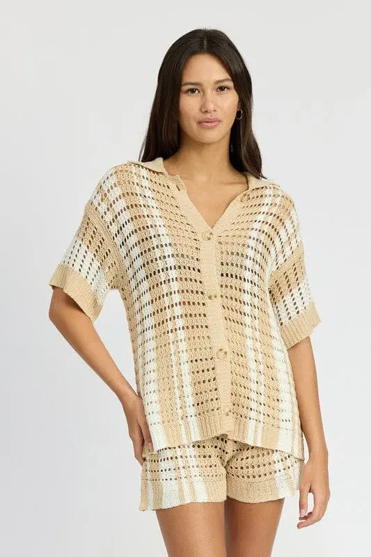 Emory Park Button Up Striped Crochet Top crochet button up top Emory Park NATURAL STRIPE S