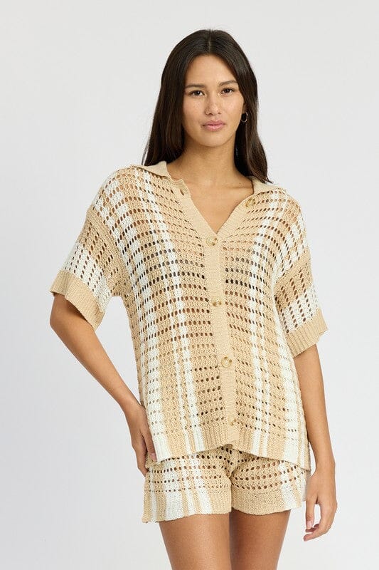 Emory Park Button Up Striped Crochet Top crochet button up top Emory Park NATURAL STRIPE S 