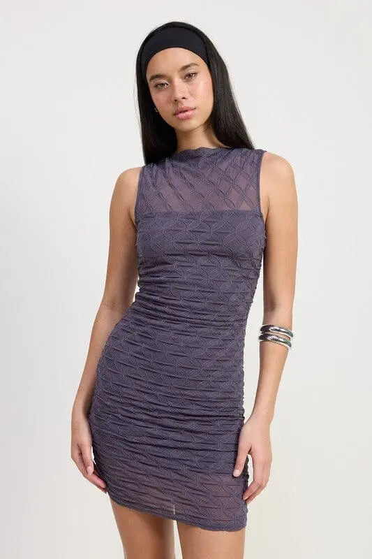 Emory Park High Neck Ruched Mini Dress high nececk ruched mini dress Emory Park CHARCOAL S