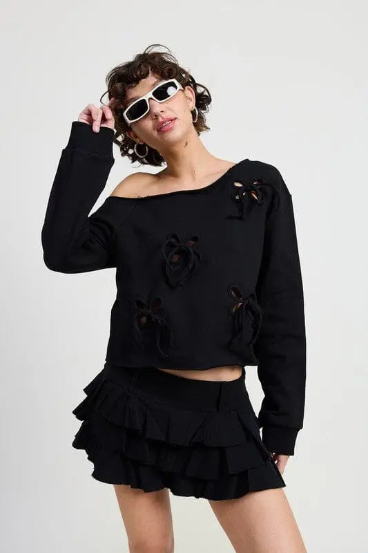Emory Park One Shoulder French Terry Bow Cutout Sweatshirt Bow cutout sweatshirt Emory Park BLACK S