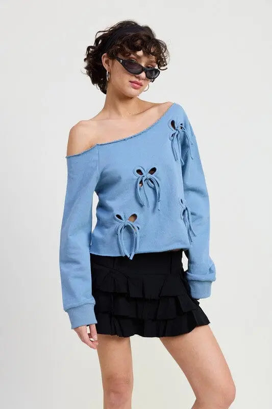 Emory Park One Shoulder French Terry Bow Cutout Sweatshirt Bow cutout sweatshirt Emory Park DUSTY BLUE S