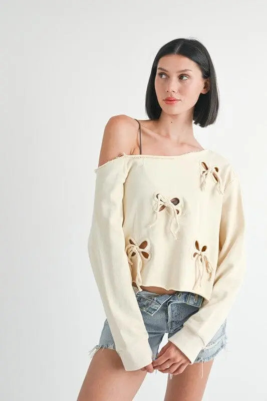 Emory Park One Shoulder French Terry Bow Cutout Sweatshirt Bow cutout sweatshirt Emory Park IVORY S