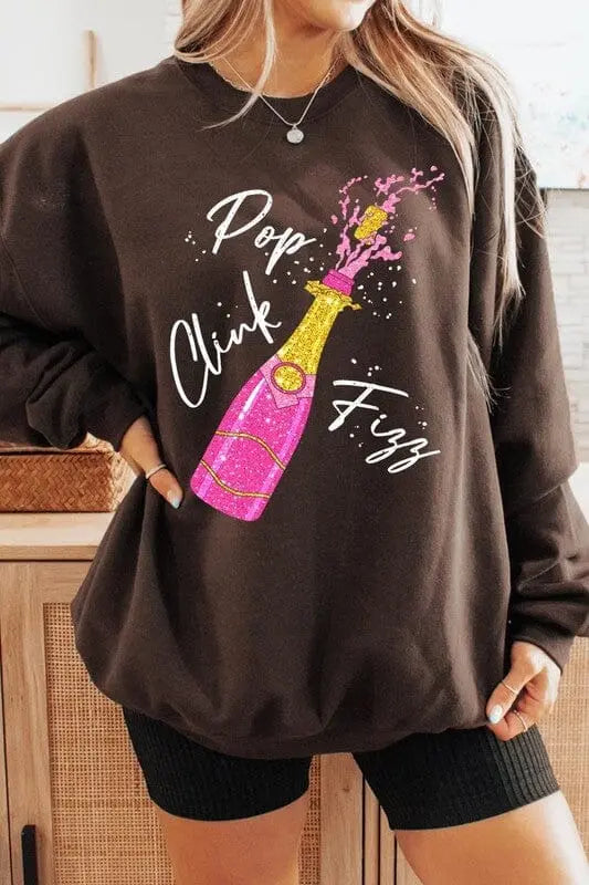Faux Glitter Pop Clink Fizz Graphic Sweatshirts Color Bear DARK CHOCOLATE S