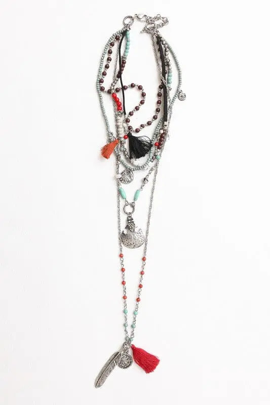 Feather Fringe Multi-Layered Necklace layered feather turq necklace Poet Street Boutique