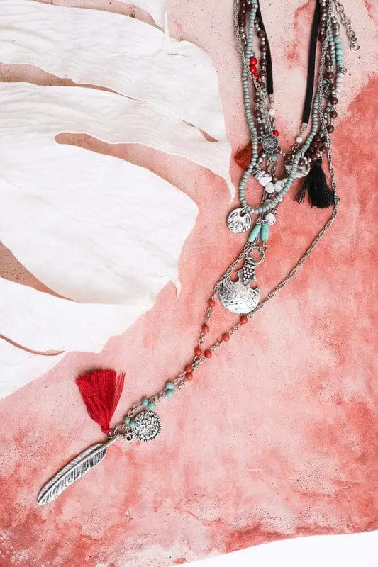 Feather Fringe Multi-Layered Necklace layered feather turq necklace Poet Street Boutique