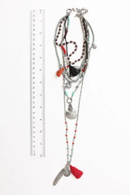 Feather Fringe Multi-Layered Necklace layered feather turq necklace Poet Street Boutique
