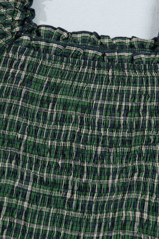 Plaid Shirred High Waist Square Neck Ruffle Hem Dress