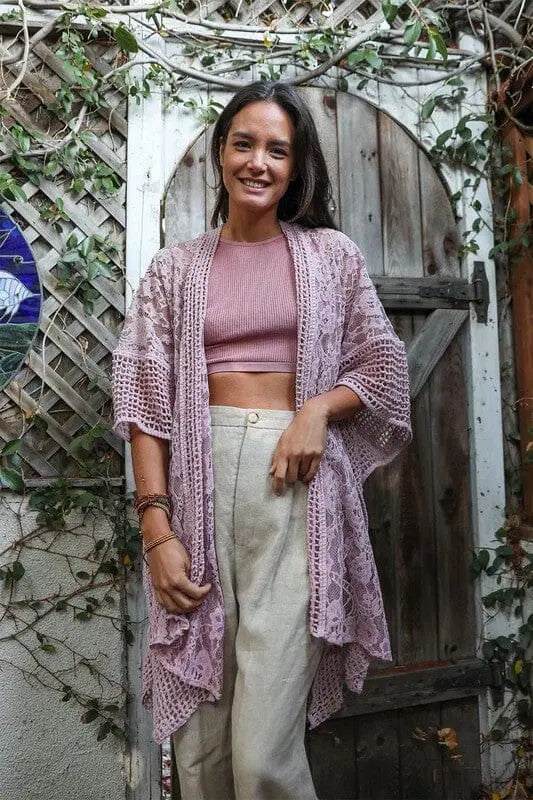 Floral Lace Textured Kimono cover up kimono Poet Street Boutique Dusty Rose Default