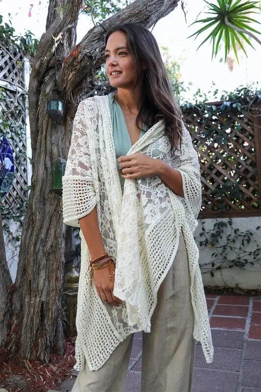 Floral Lace Textured Kimono cover up kimono Poet Street Boutique Ivory Default