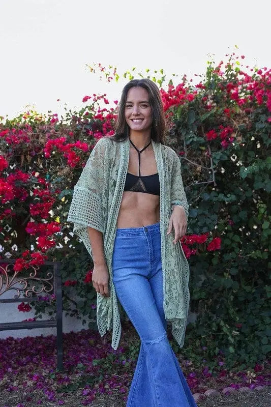 Floral Lace Textured Kimono cover up kimono Poet Street Boutique Sage Default
