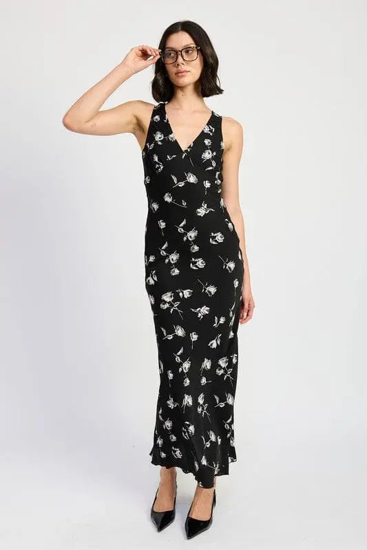 FLORAL V NECK MAXI DRESS Emory Park BLACK FLORAL S