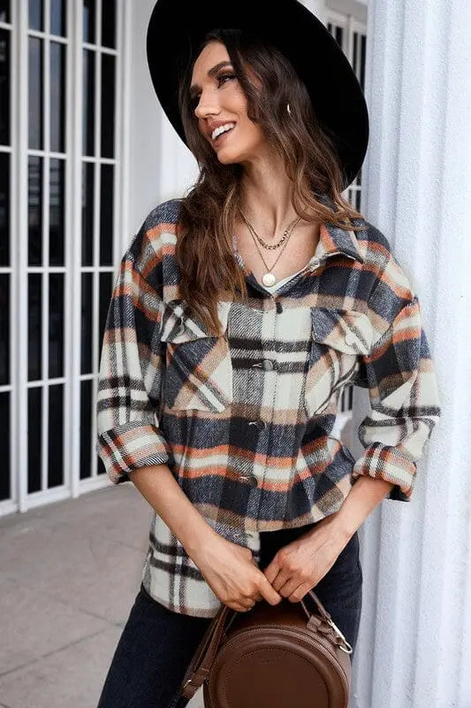 Geometric Plaid Print Pocketed Shirt for women SHEWIN INC.