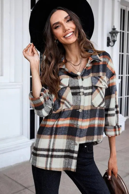 Geometric Plaid Print Pocketed Shirt for women SHEWIN INC. blue sw255462-5 S
