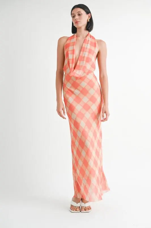 HALTER MAXI SATIN DRESS WITH OPEN BACK Emory Park ORANGE PLAID S