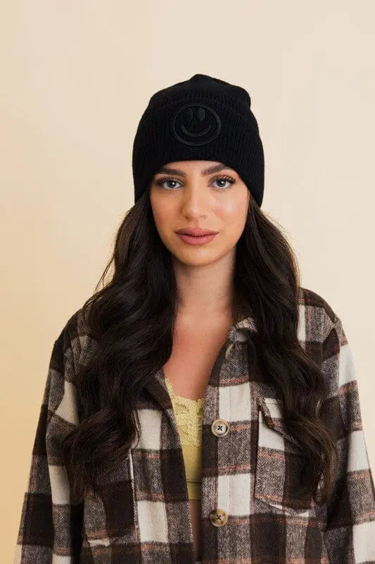 Happy Face Embroidered Ribbed Knit Beanie Leto Accessories