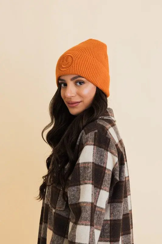 Happy Face Embroidered Ribbed Knit Beanie Leto Accessories