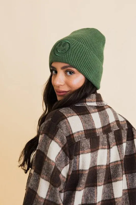 Happy Face Embroidered Ribbed Knit Beanie Leto Accessories