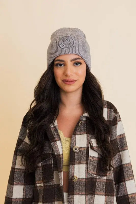 Happy Face Embroidered Ribbed Knit Beanie Leto Accessories